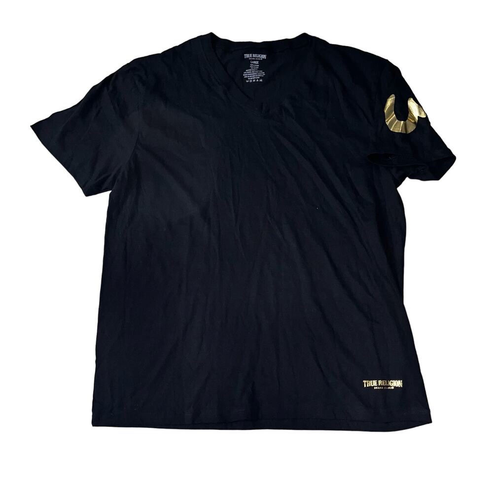 True Religion Men's LG Black V-neck Black T-shirt Gold Graphics